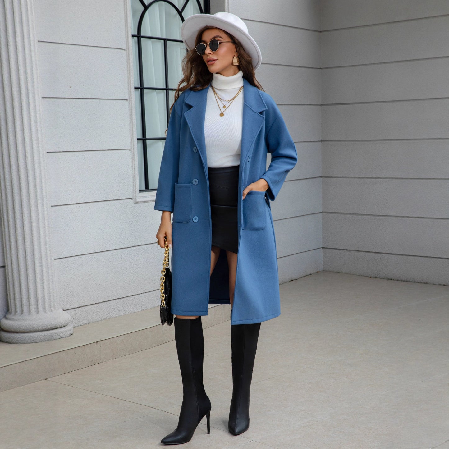Manteau bleu en laine mi-long pour femme