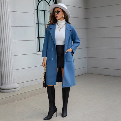 Manteau bleu en laine mi-long pour femme