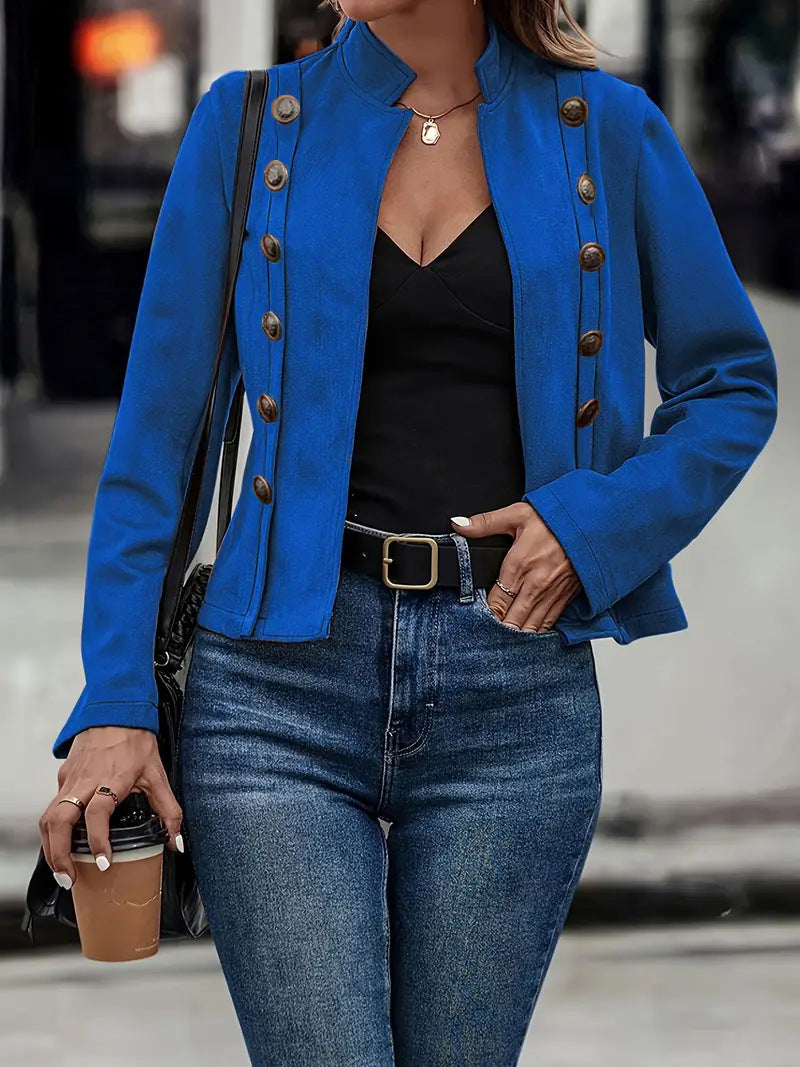 Manteau rétro à manches longues en velours et peau de cerf avec boucle métallique double rangée