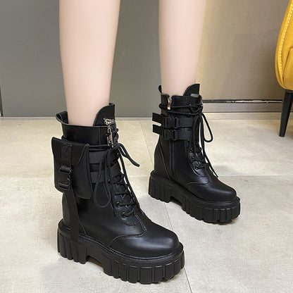 Platform Shoes Female Autumn And Winter Cotton Padded Height Increasing Insole Mid-calf Martin Boots