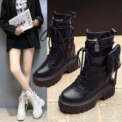 Platform Shoes Female Autumn And Winter Cotton Padded Height Increasing Insole Mid-calf Martin Boots